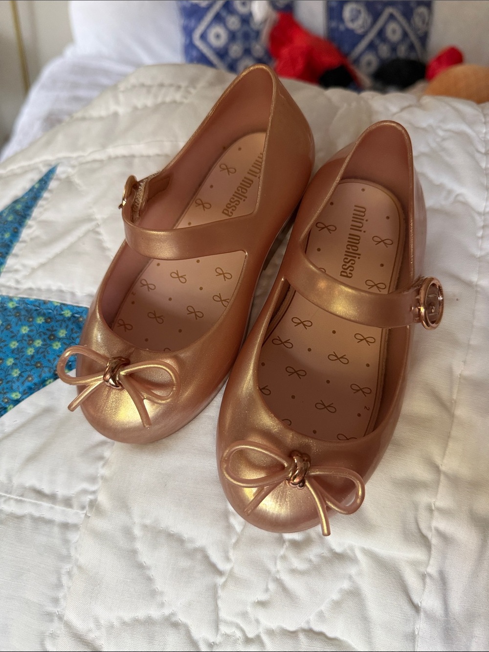 Mini Melissa Girls Metallic Rose Gold Mary Jane Bow Flats size 8